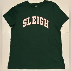 NEW! Festive Women's Gap Favorite Tee With “Sleigh” Text (Green-Small)- NWT
